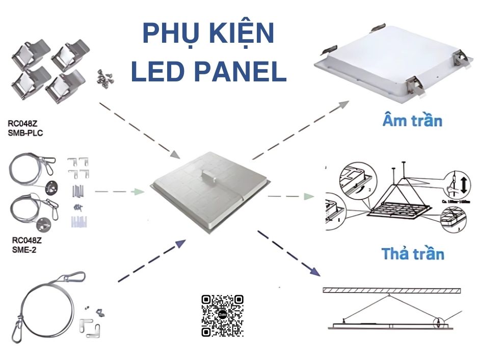 Phụ kiện lắp đặt đèn LED panel âm trần và thả trần với các loại kẹp, dây treo, khung giữ